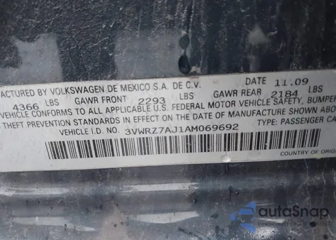 2010 Volkswagen Jetta Se из США, поврежденный, VIN 3VWRZ7AJ1AM069692